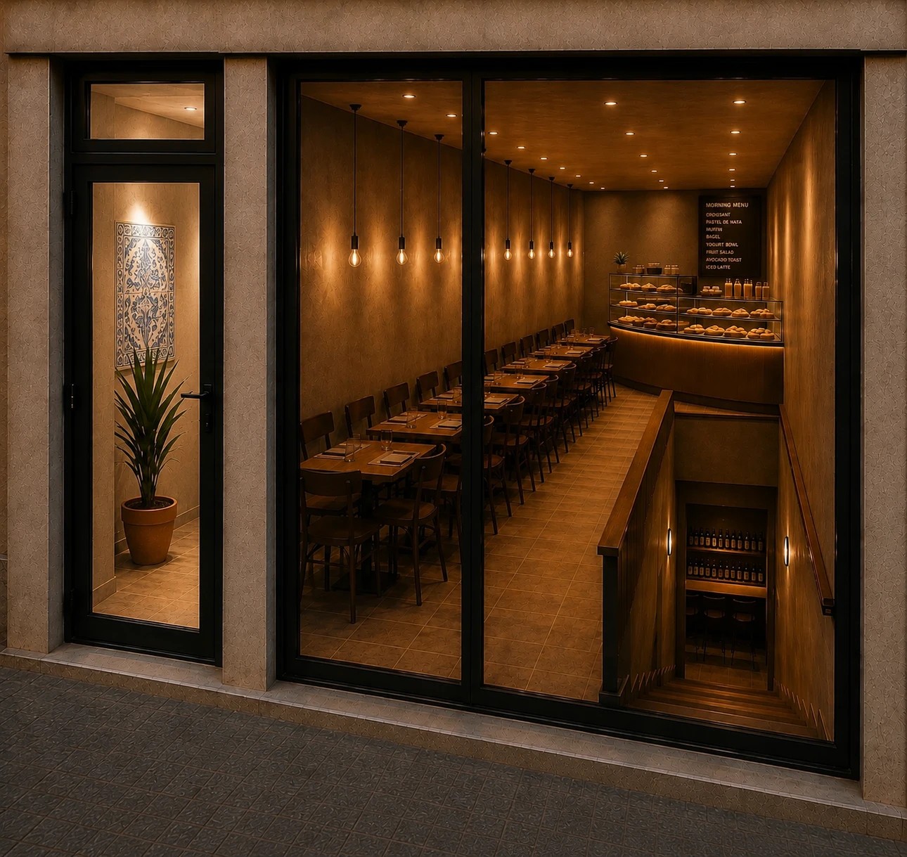 Artist's impression of the café interior: a communal table under warm pendant lights, an azulejo-tiled entrance, the morning counter and a stair to the lower level