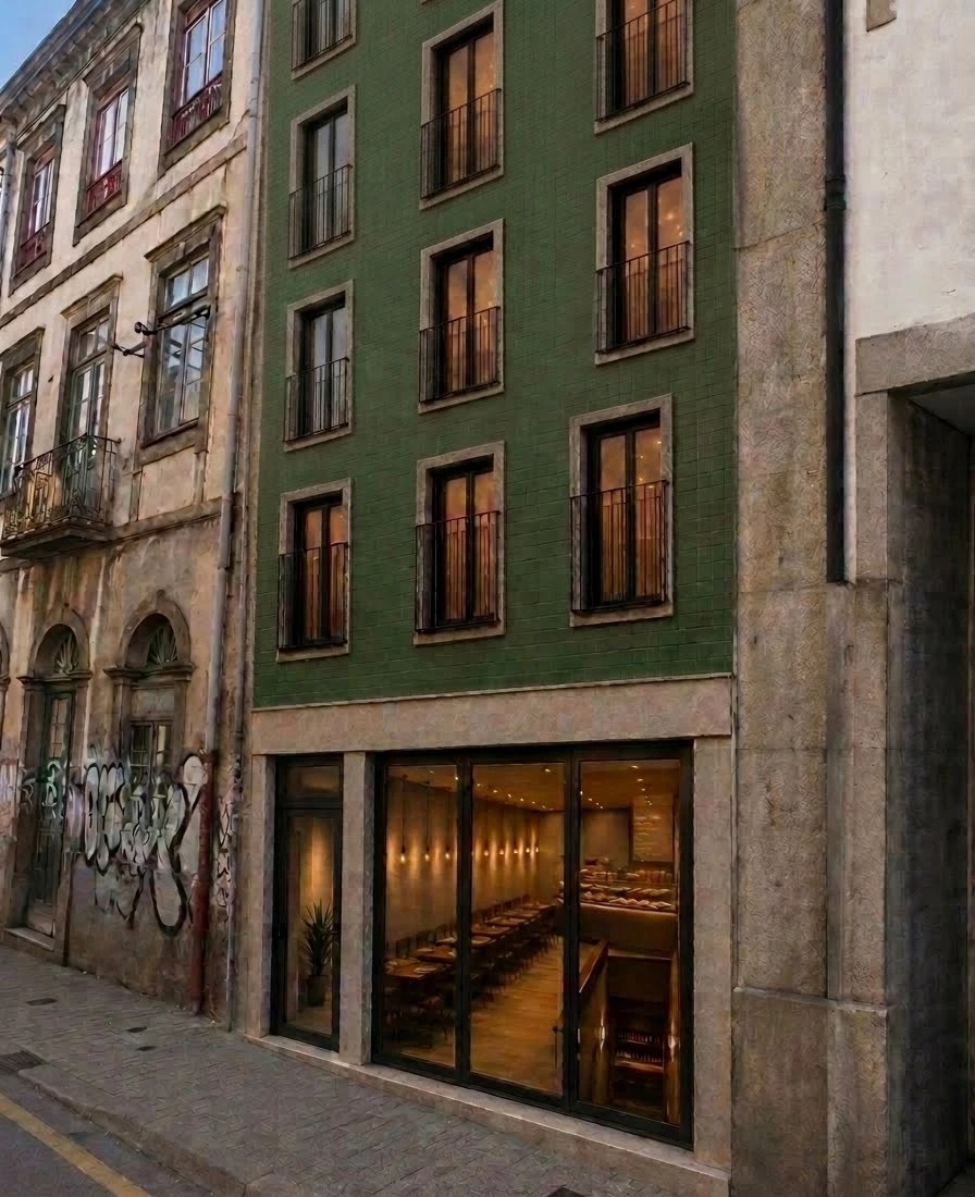 Artist's impression of the finished green-tiled building on Rua de Santo Ildefonso, with the café lit at street level