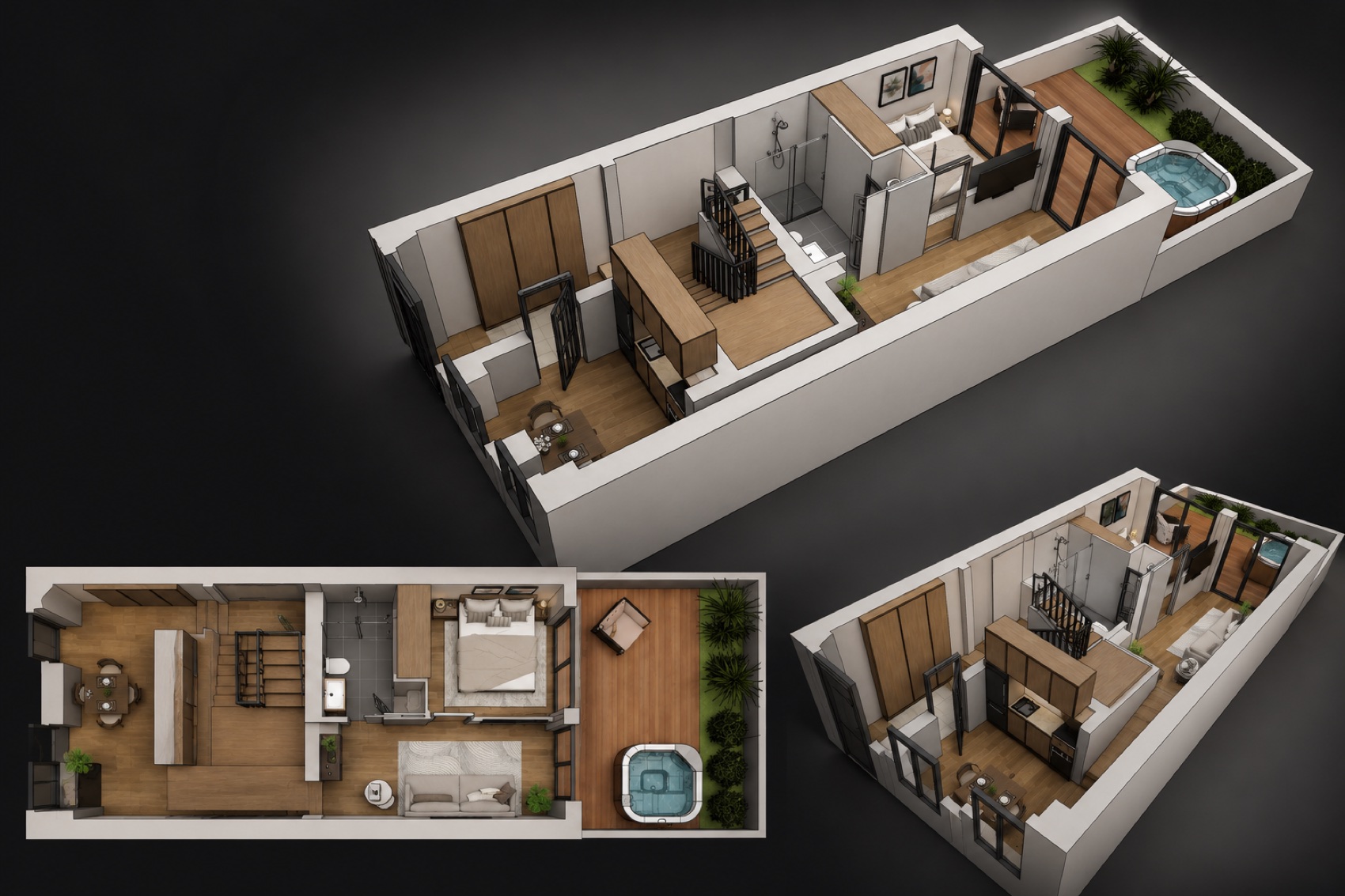 3D layout of Fraction A, a first-floor one-bedroom home opening onto a private garden