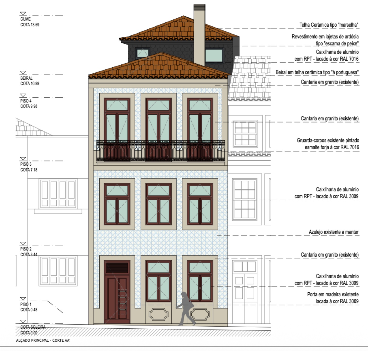 Colored front elevation of the Poço das Patas building showing the preserved tiled façade